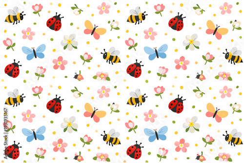 Colorful pattern of bees, butterflies, ladybugs, and flowers on a white background for crafts and designs