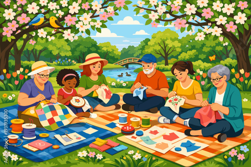 Group of people sewing and crafting together in a park during a sunny afternoon