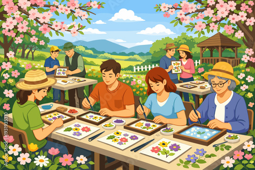 People paint flower designs outside in a garden setting during daytime with trees and mountains in the background