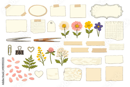 Crafting materials are arranged on a white surface including flowers, paper, and scissors