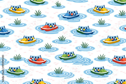 Colorful boats with people ride on water around grassy areas in a playful scene during daylight hours