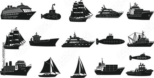 Ship and Boat Silhouette Collection with Cruise Submarine Cargo Vessel and Sailboat Black Vector Set