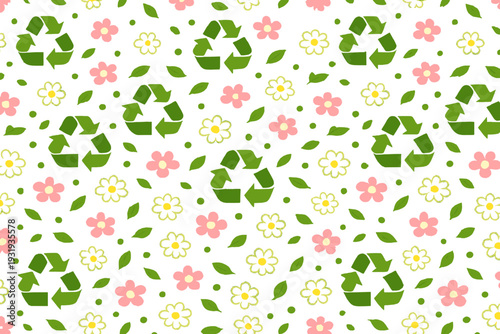 Design showing recycled symbols among flowers and leaves on a white background during daytime