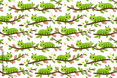 Caterpillars on branches with flowers in a pattern displayed in bright colors