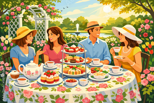 Friends gather for afternoon tea in a garden with sweets and drinks near a fountain on a sunny day