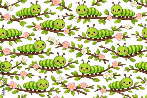 Happy caterpillars crawl on branches with flowers in a bright and lively pattern during spring