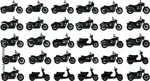 Motorcycle and Scooter Silhouette Collection with Chopper Cruiser and Classic Bike Black Vector Set