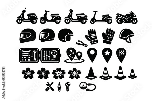 Various vehicle and safety icons arranged in a grid featuring scooters, helmets, tools, and flowers