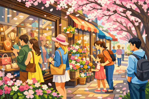 People enjoy shopping in a lively street with flowers and trees during springtime in a town center