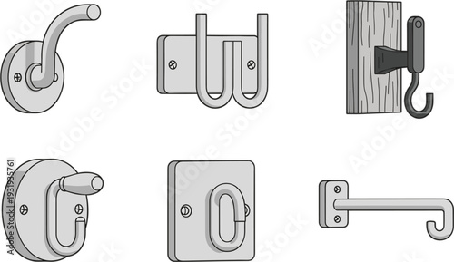 Wall Mounted Hook Set with Metal and Wooden Coat Hanger Designs Outline Vector Illustration