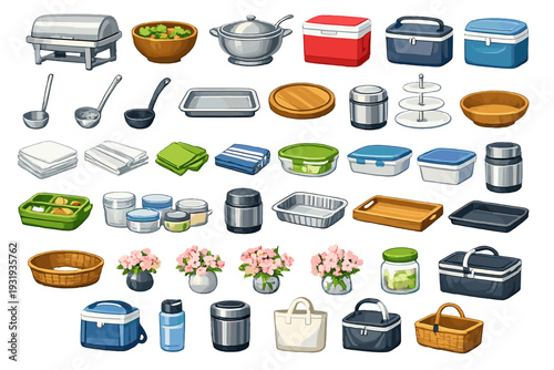 Cooking tools and containers for food storage and serving at events or gatherings in various styles and sizes