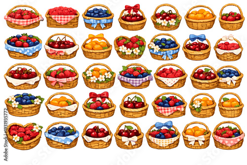 Baskets filled with fresh fruits arranged in a colorful pattern on a white background
