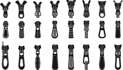 Zipper Pull and Slider Icon Collection with Different Clothing Fastener Designs Black Silhouette Vector Set
