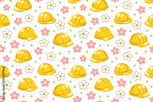 Colorful pattern of yellow hard hats and flowers on a white background suitable for kids' room decoration or construction theme events