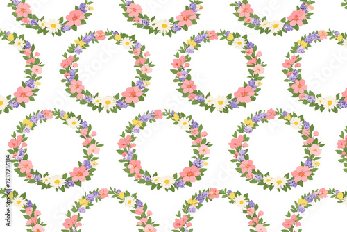 Floral wreath pattern with colorful flowers on a white background for fabric and design use