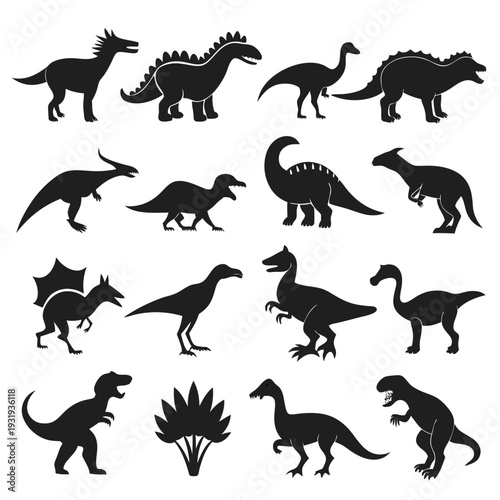 Collection of various dinosaur silhouettes in black on white