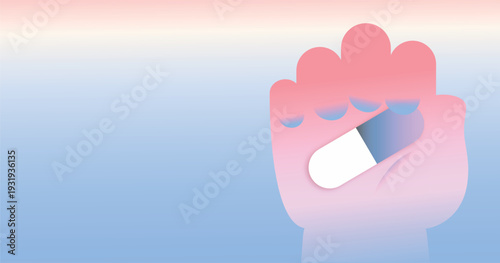 Minimal flat illustration of a hand with a medicine on a soft gradient background. Concept of emotional healing, mental health support, vulnerability, therapy, recovery and self care.