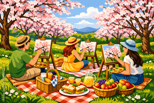 People paint cherry blossom trees in a field during spring with picnic baskets nearby and mountains in the background