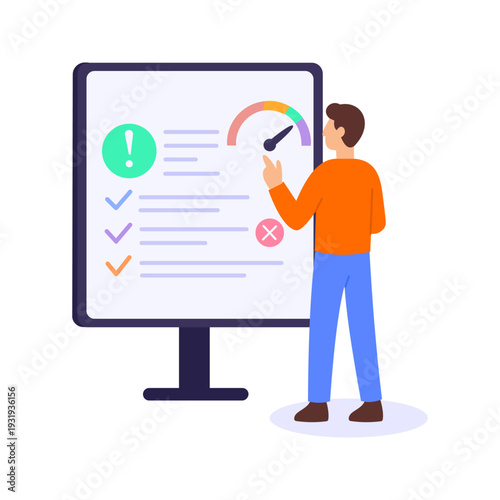 Analyzing Chart, Interpreting data graphs for performance insights, Flat vector character illustration