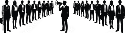 Silhouette businesspeople with leader using megaphone addressing group, vector illustration representing communication, leadership, teamwork, corporate organization, collaboration