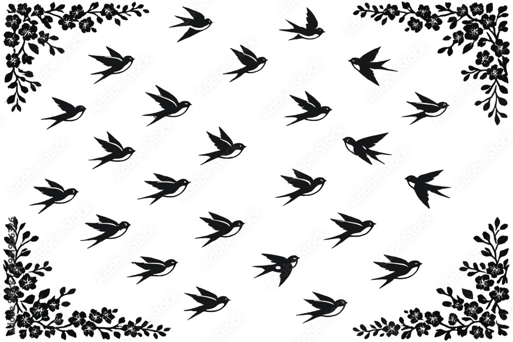 Fototapeta premium Many birds flying in a pattern surrounded by floral designs on a white background showing motion and nature in art