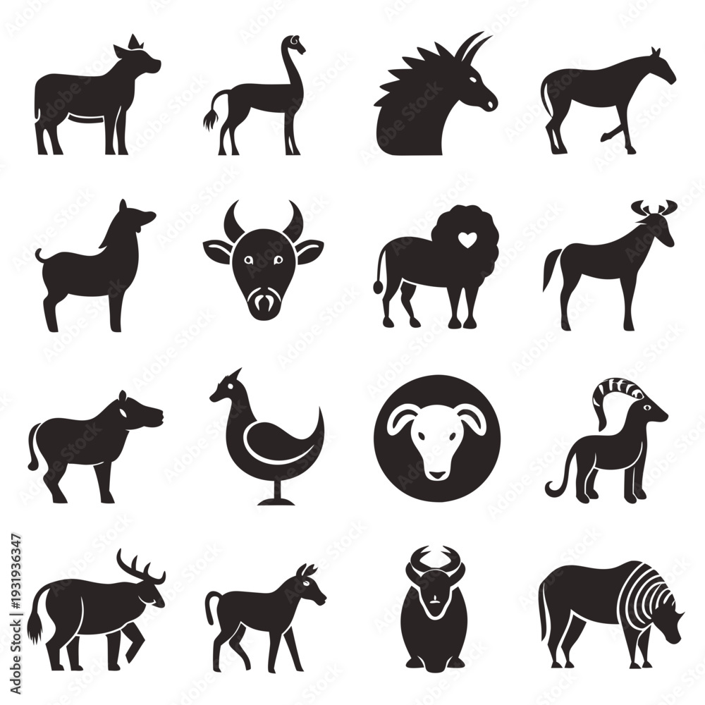 Naklejka premium Black silhouette vector collection of various animals livestock icons