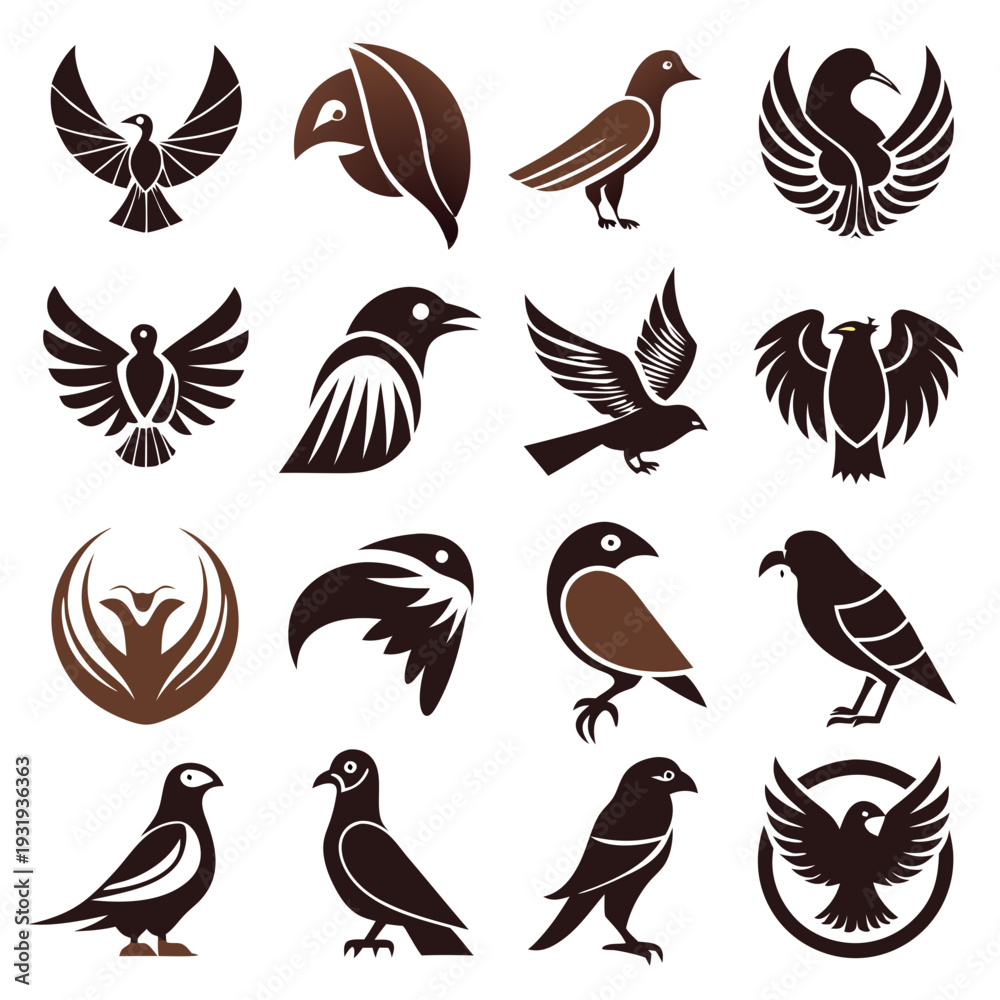 Fototapeta premium Assorted stylized birds in various shapes, silhouettes, and poses