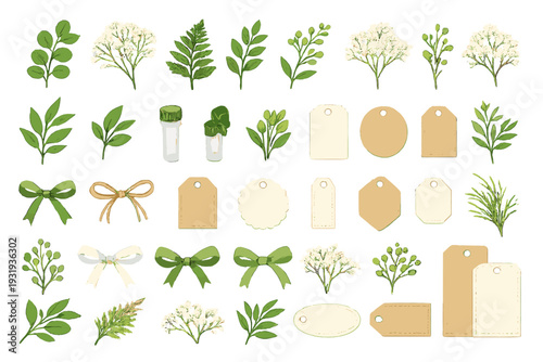 Collection of green leaves, flowers, tags, and bows arranged in a simple layout on a white background for various craft projects