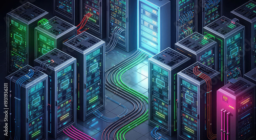 Futuristic data center with neon lit server racks and glowing cable pathways showcasing advanced technology and digital infrastructure in a dark environment