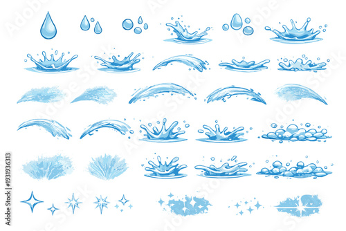 Water splash designs showing various forms of movement and texture in blue colors during a simple art creation session