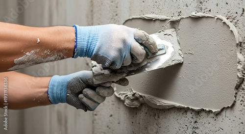 Applying new plaster, hands with plastering trowel on cement render wall