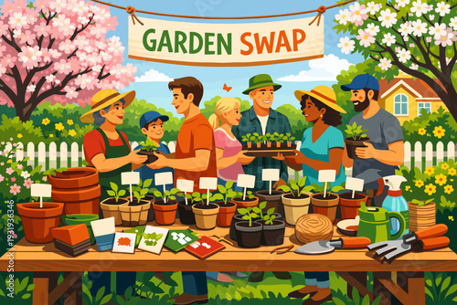 Community gathers for garden swap event in a local park with plants and people exchanging gardening supplies