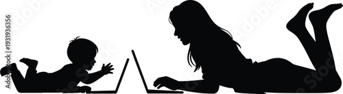 Silhouette child and adult using laptops lying on stomach, family bonding, digital learning, technology interaction, leisure, modern lifestyle