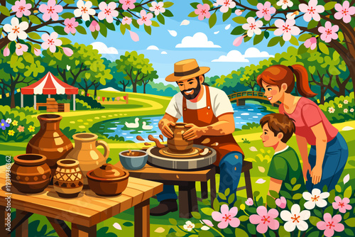 Family enjoys pottery making at a park with a potter by a lake on a sunny day surrounded by flowers