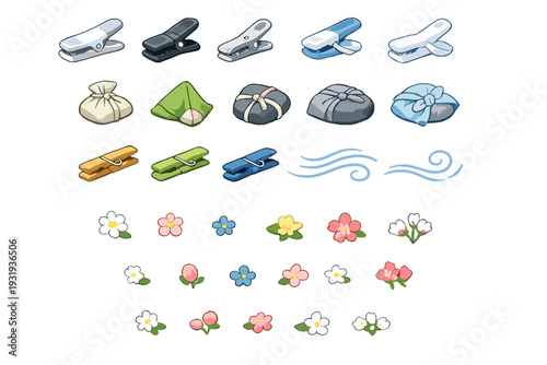 Collection of simple designs showing clips, bags, and flowers laid out in a neat arrangement for crafting or decoration purposes