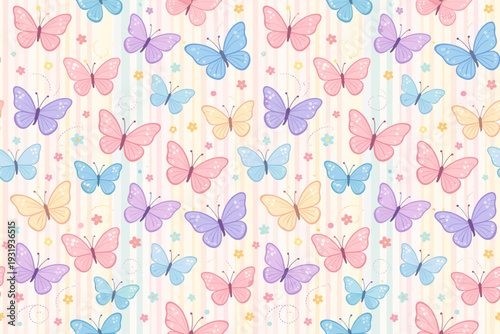 Bright butterflies in different colors on a light background with small flowers and circles create a lively pattern for design use