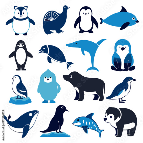 Collection of aquatic and arctic animals illustration set