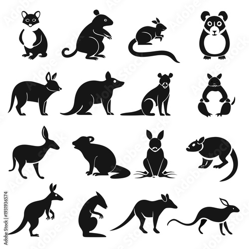 Collection of animals and marsupials black silhouette stock image