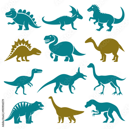 Silhouette collection of various dinosaur species in flat vector