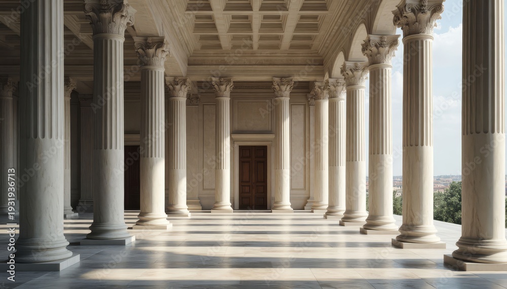 Fototapeta premium a spacious hall with tall columns and a wooden door. Light streams in, casting shadows on the marble floor around the elegant columns.