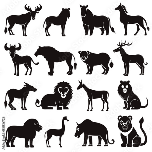 Black Silhouette Collection of Various Wild Animal Species