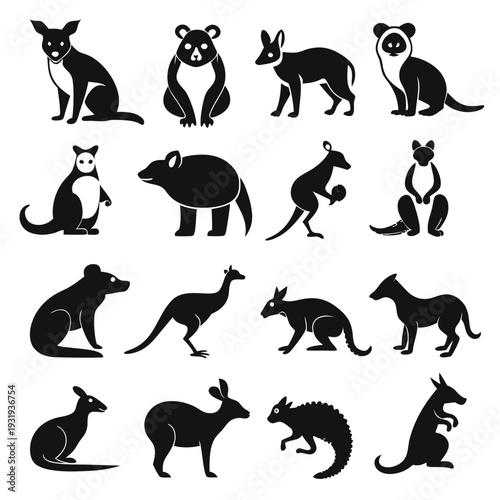 Collection of Australian Animals in Stylized Black and White Silhouettes