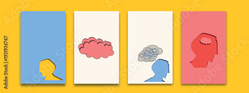 Set of four conceptual mental health posters with human profiles, brain symbols and abstract thought clouds. Anxiety, overthinking, clarity and psychological wellbeing themes.