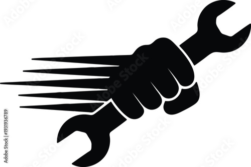 Hand holding wrench with motion lines indicating movement and action  strong grip and dynamic motion