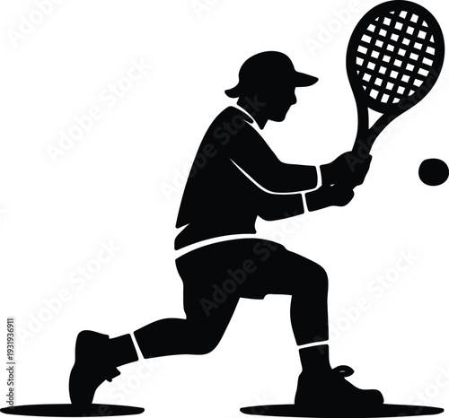 Silhouette of a tennis player hitting a ball with racket in action pose outdoors