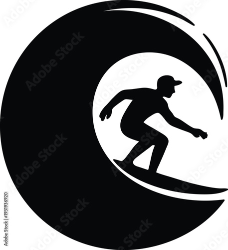 Silhouette of a man surfing on a wave  action sports graphic design element