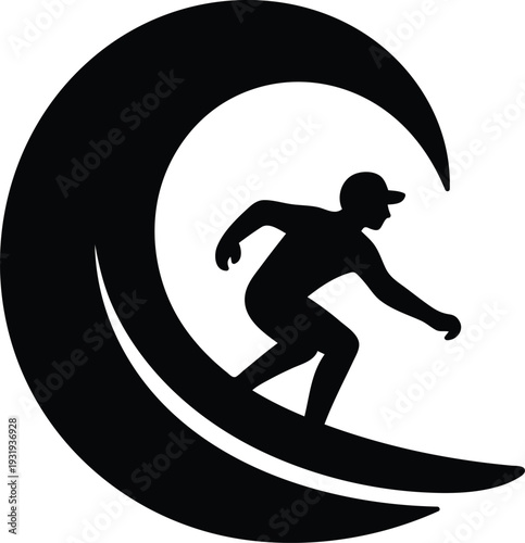 Silhouette of a man surfing on a wave  action sports graphic  extreme athlete