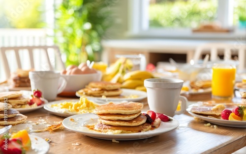 Wallpaper Mural Family Brunch in Early Morning with Pancakes and Fresh Fruits on Table Torontodigital.ca