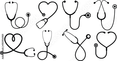 Stethoscope icon set collection, medical and healthcare symbols with heart shaped stethoscope designs in solid and outline style vector isolated on transparent background