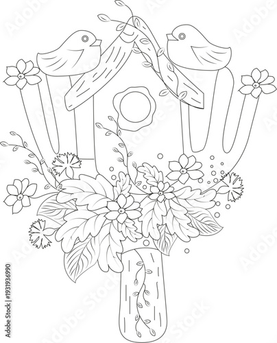 Decorative wooden birdhouse surrounded by blooming flowers and two small birds. Hand-drawn outline for coloring or engraving.